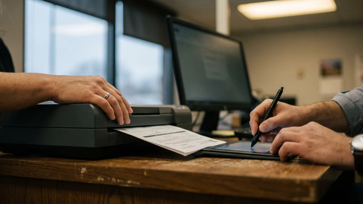 Patient signing informed consent on a tablet at the front desk