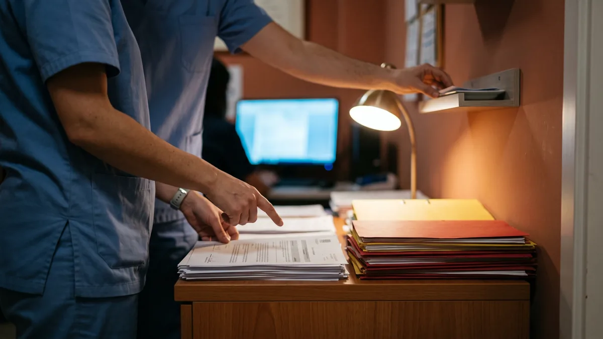 Front desk receptionist reviewing online appointments on screen