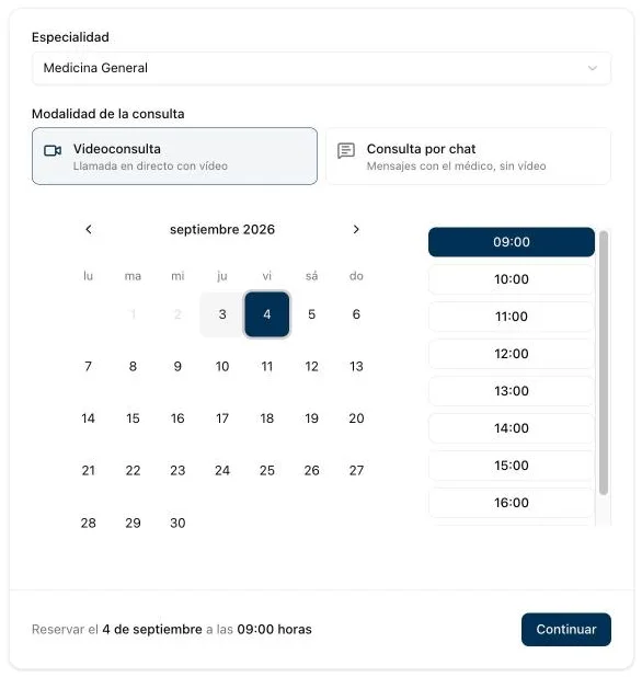 Real screenshot of the software: the public booking with specialty, calendar and half-hour slots